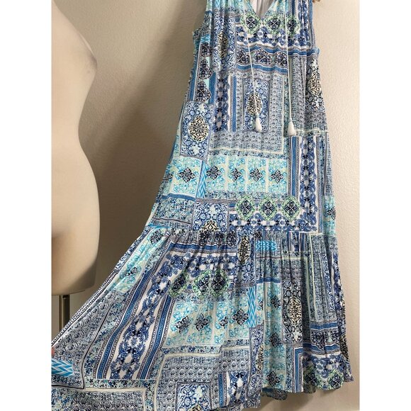 Chicos Womens Large Blue White Maxi Dress Sleeveless Boho Patchwork Tassel Tie - Picture 12 of 14